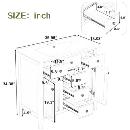 Bathroom Vanity with Ceramic Basin, Two Cabinets and Five Drawers - White