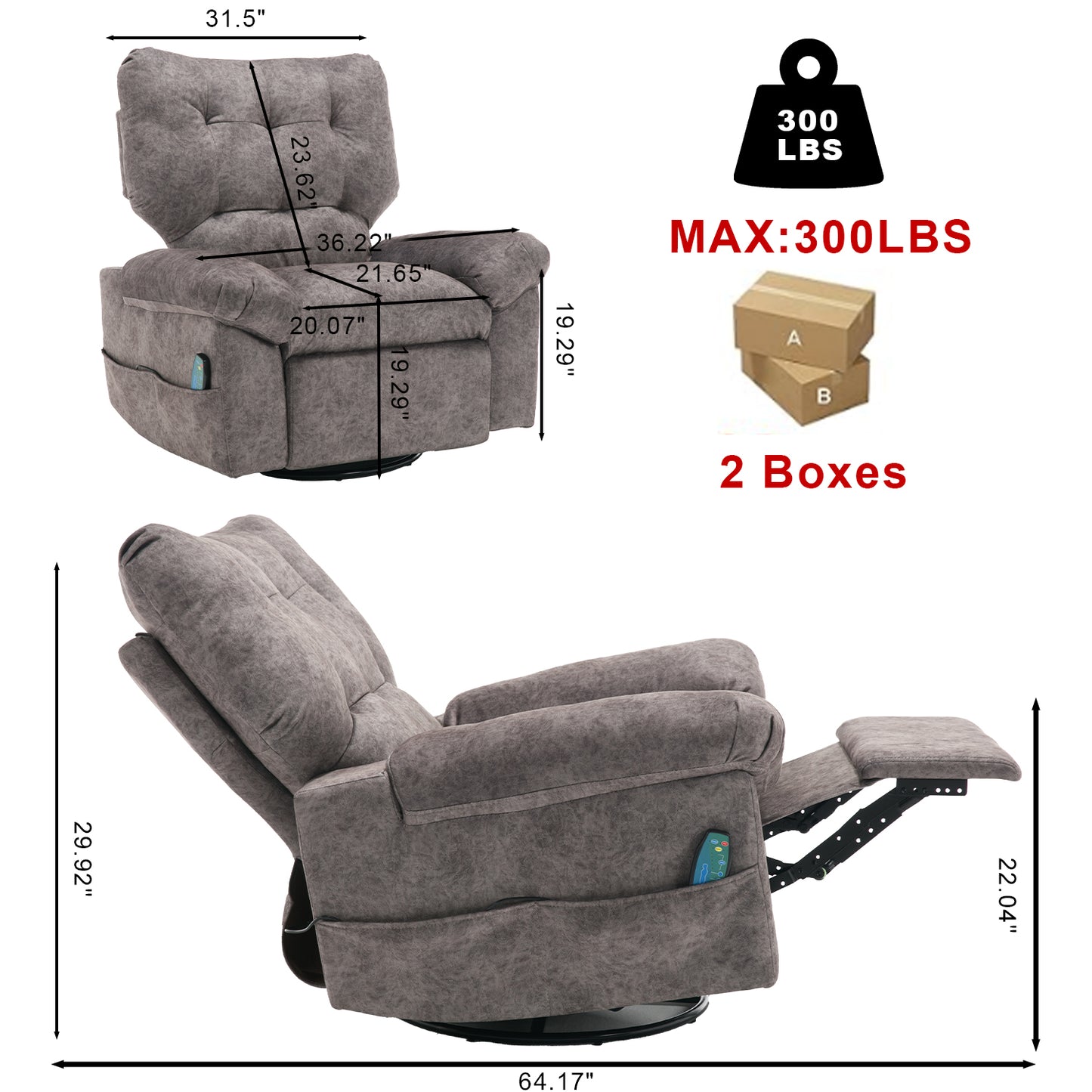 Aria Fabric Rocker Recliner Chair with Massage and Heat - Gray