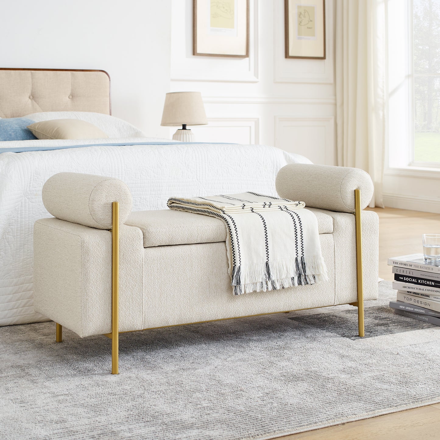 Miriam Upholstered Linen Storage Bench - Beige