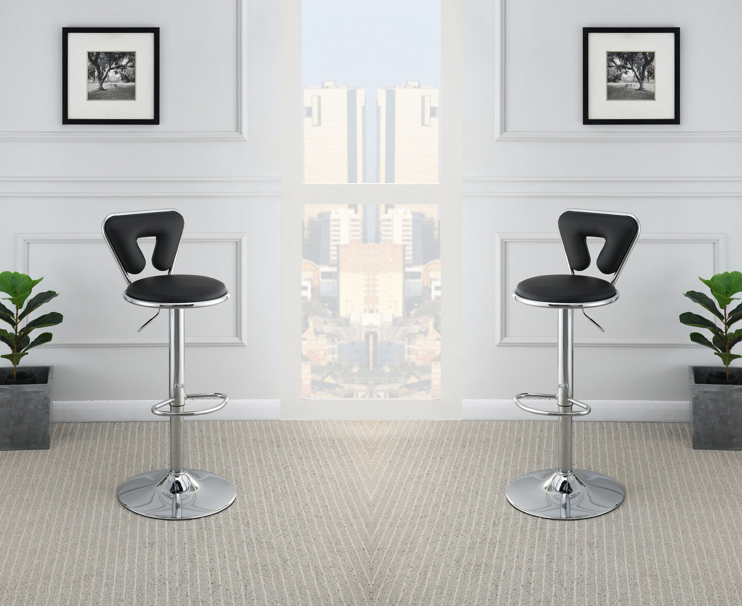 Vita  Adjustable Bar stool  Faux Leather Chrome Base - Black  Set of 2