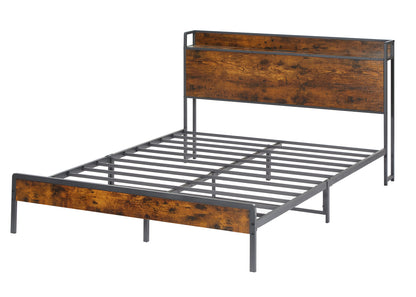 Biony Queen Size Metal Bed Frame W Charging Station - Rustic Brown