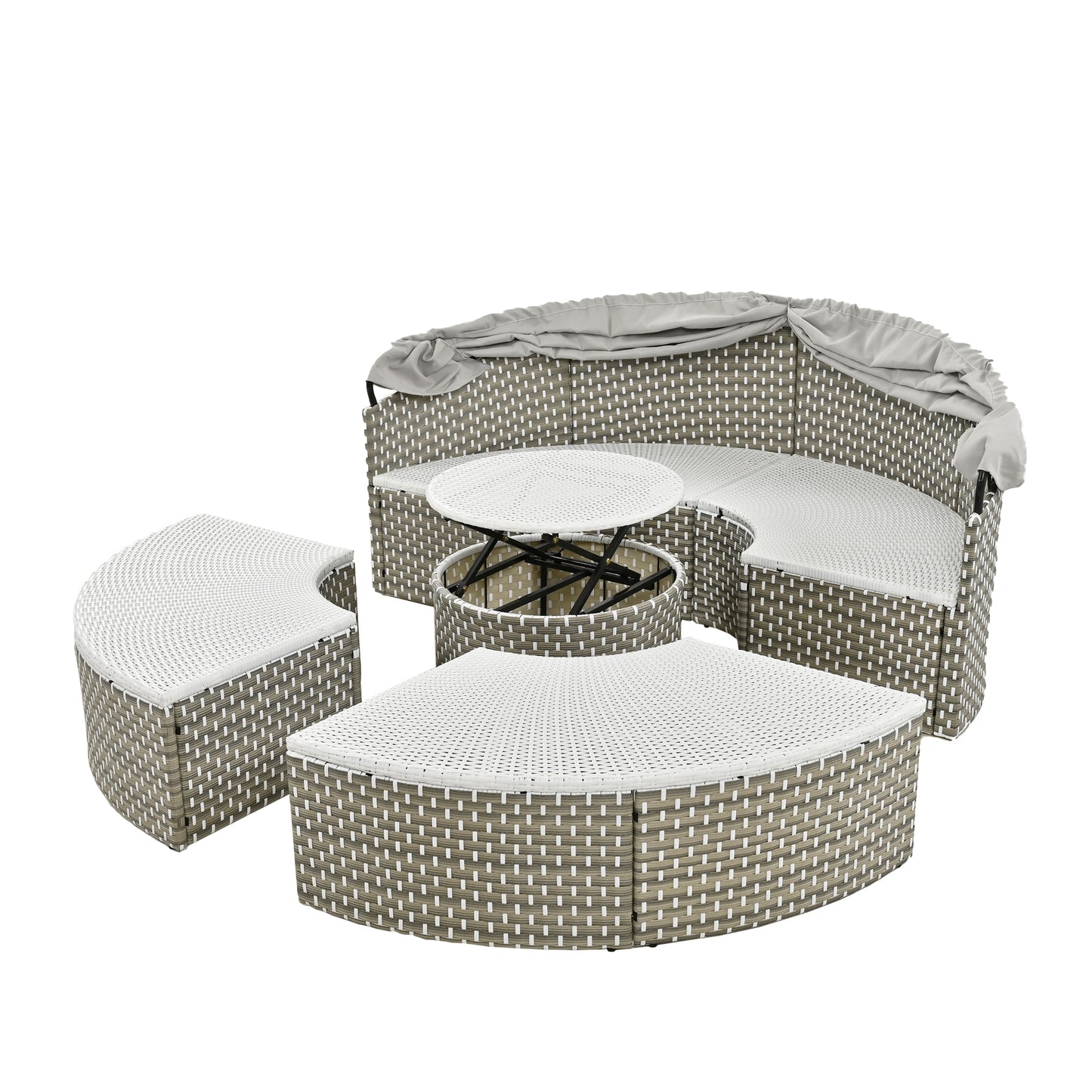 Malena 5 Pc Round Rattan Sectional Sofa Set with Retractable Canopy - Gray