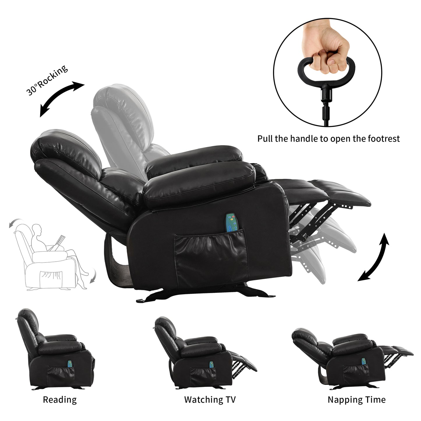 Marta Power Recliner with Massage and Heat - Black