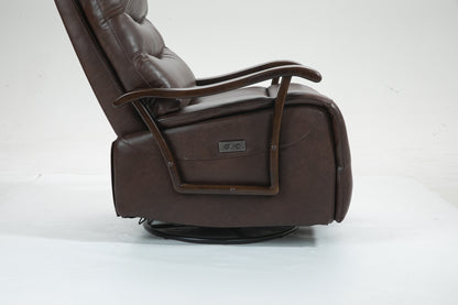 Tyler Swivel Power Recliner with Solid Wood Armrests - Brown