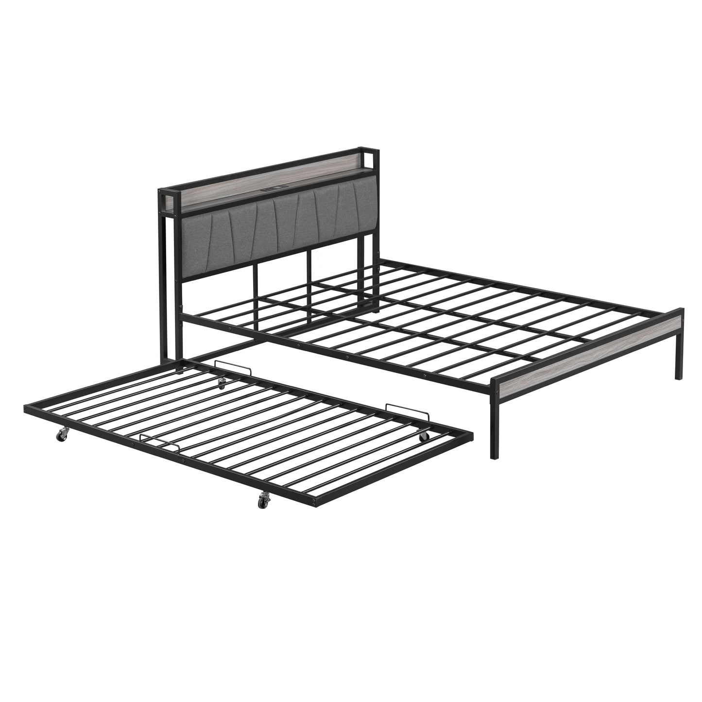 Quest Queen Size Metal Platform Bed Frame with Trundle - Black