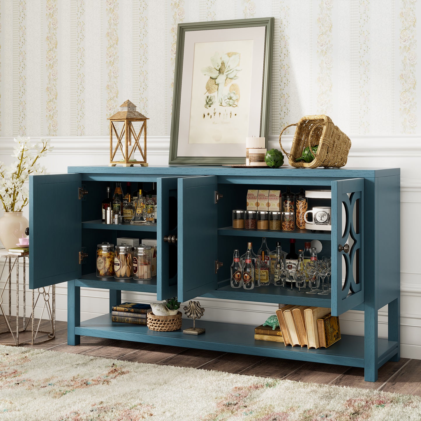 Stasia Sideboard Buffet with Mirrored Doors - Navy Blue