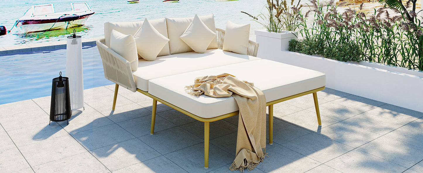 Easton Woven Nylon Rope Backrest Outdoor Patio Daybed - Beige+Gold