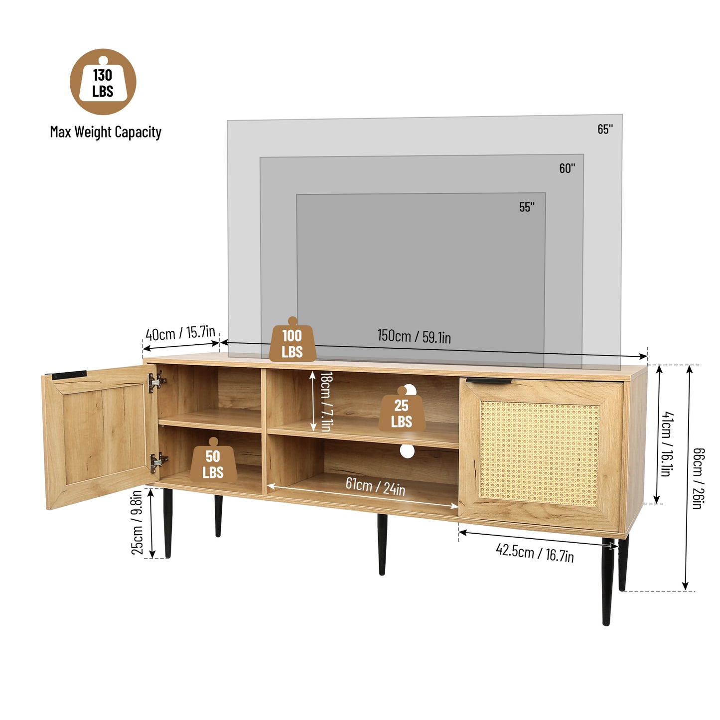 Tula Wooden TV Stand with Rattan Decorated Doors - Natural