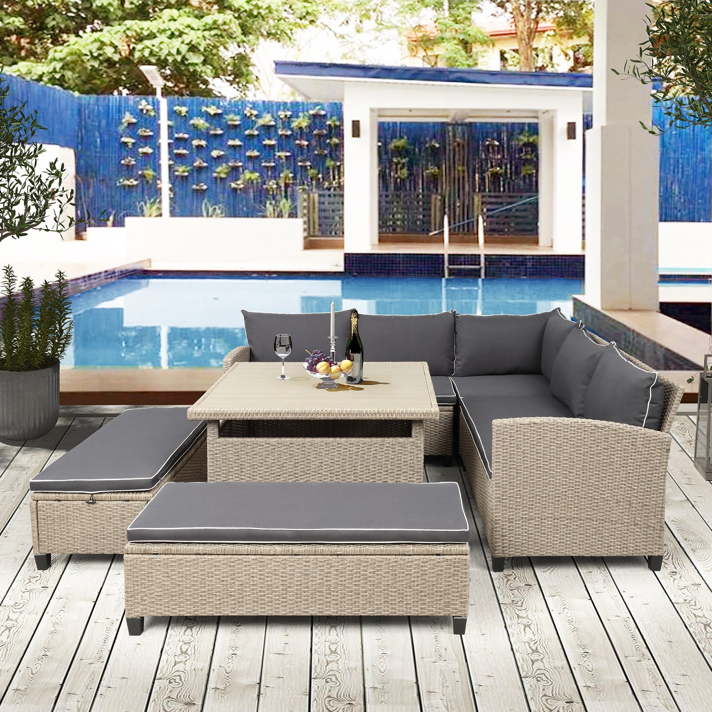 Mira 6 Pc Outdoor Patio Wicker Rattan Sectional Sofa Set - Brown