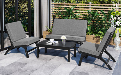 4 Pc Acacia Solid Wood Outdoor Seats Set - Black+Gray