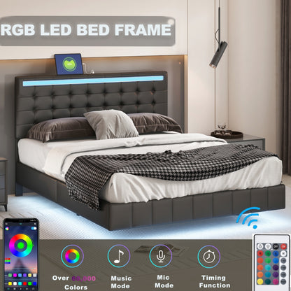 Marc Queen Size Floating Bed Frame with LED - Black