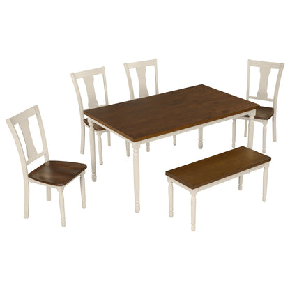 Trey 6pc Dining Set Wooden Table 4x Side Chairs And Bench - Brown+White