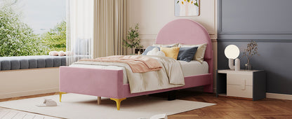 Lynn Twin Size Velvet Platform Bed w Mental Legs - Pink