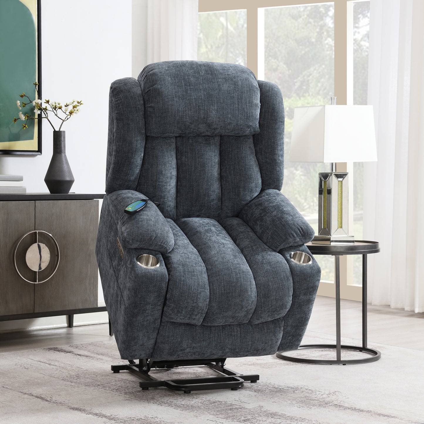 Omarion Velvet Power Recliner w/Lift, Heating & Massage - Blue