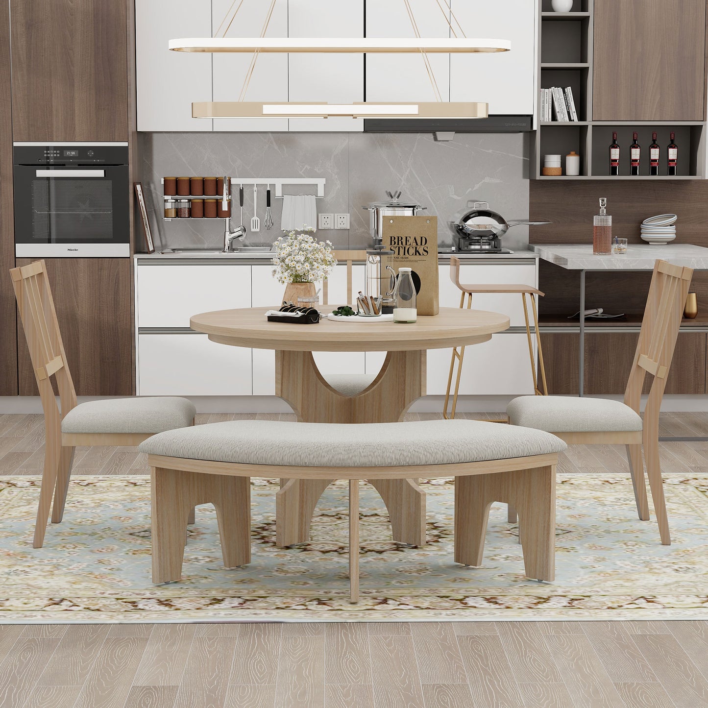 Todd 5pc Dining Set Round Table 4x Side Chairs - Natural