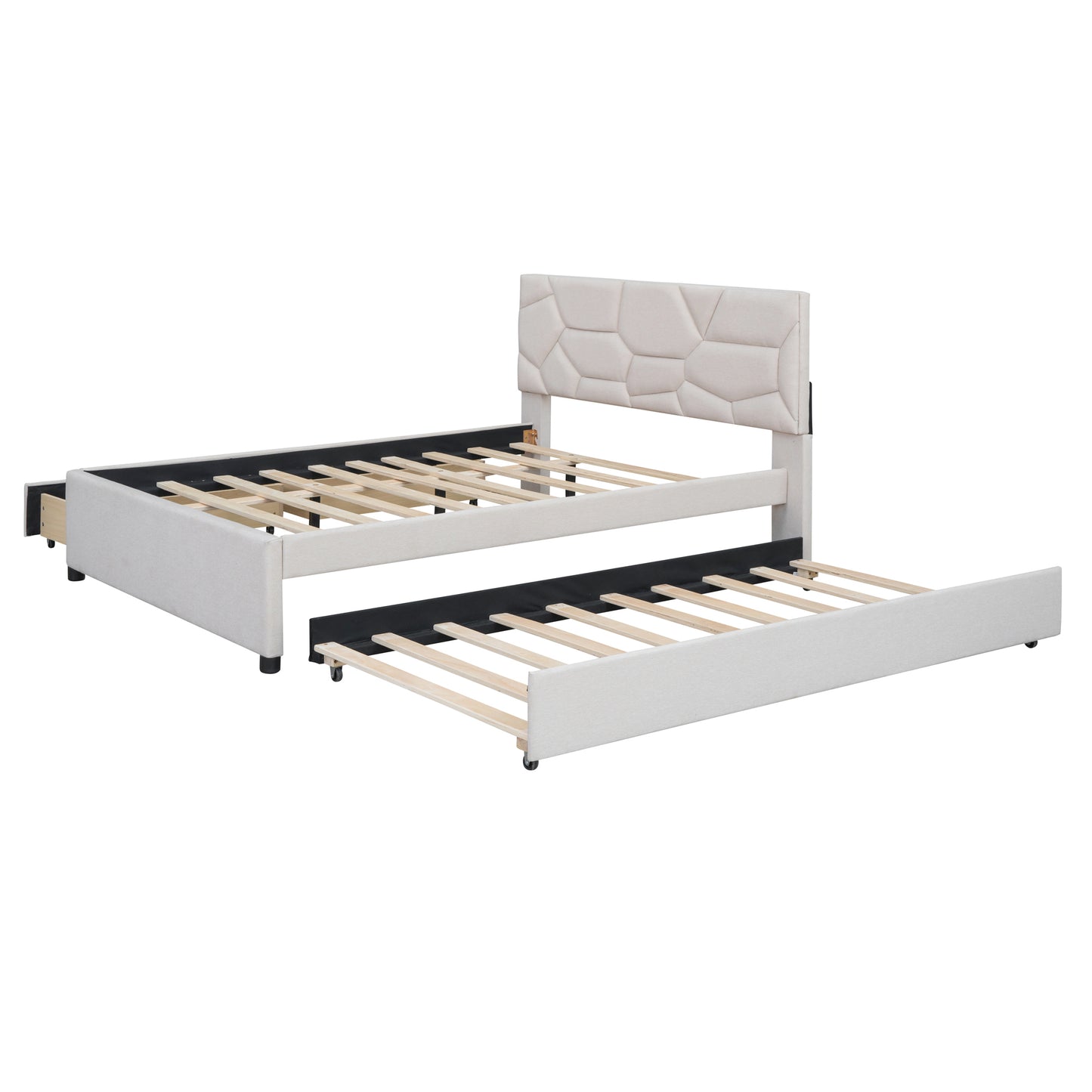 Brick Full Size Platform Bed with 2 drawers and Twin Size Trundle - Beige