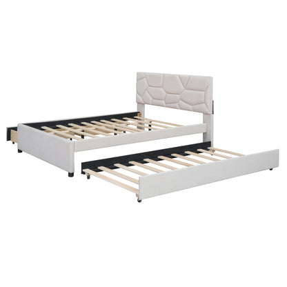 Brick Full Size Platform Bed with 2 drawers and Twin Size Trundle - Beige