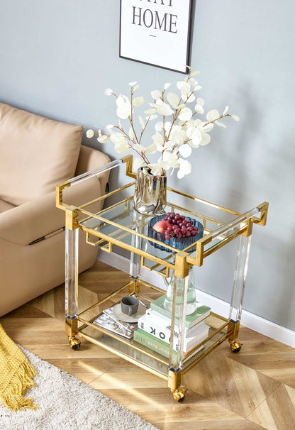 Bar Serving Cart Tempered Glass Metal Frame - Gold