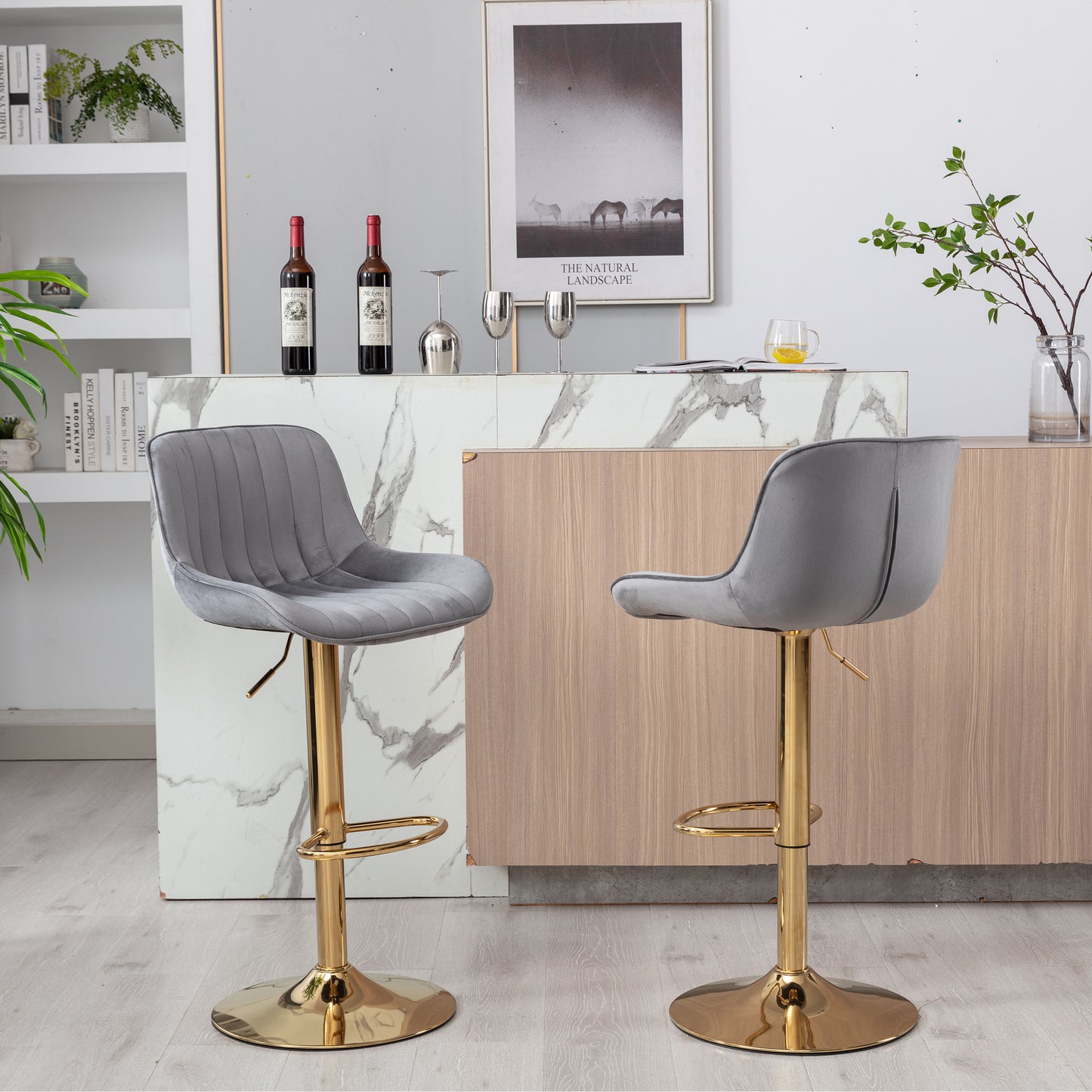 Stramline Adjustable Velvet + Golden Leg Bar Stool - Gray Set of 2