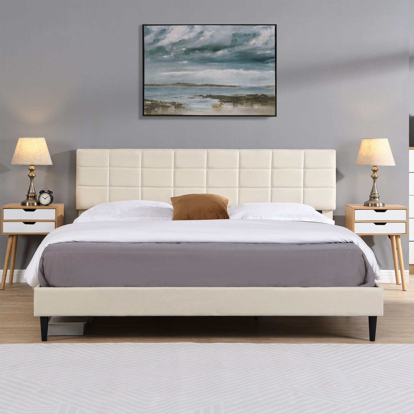 Elegant King Size Platform Bed Frame - Beige