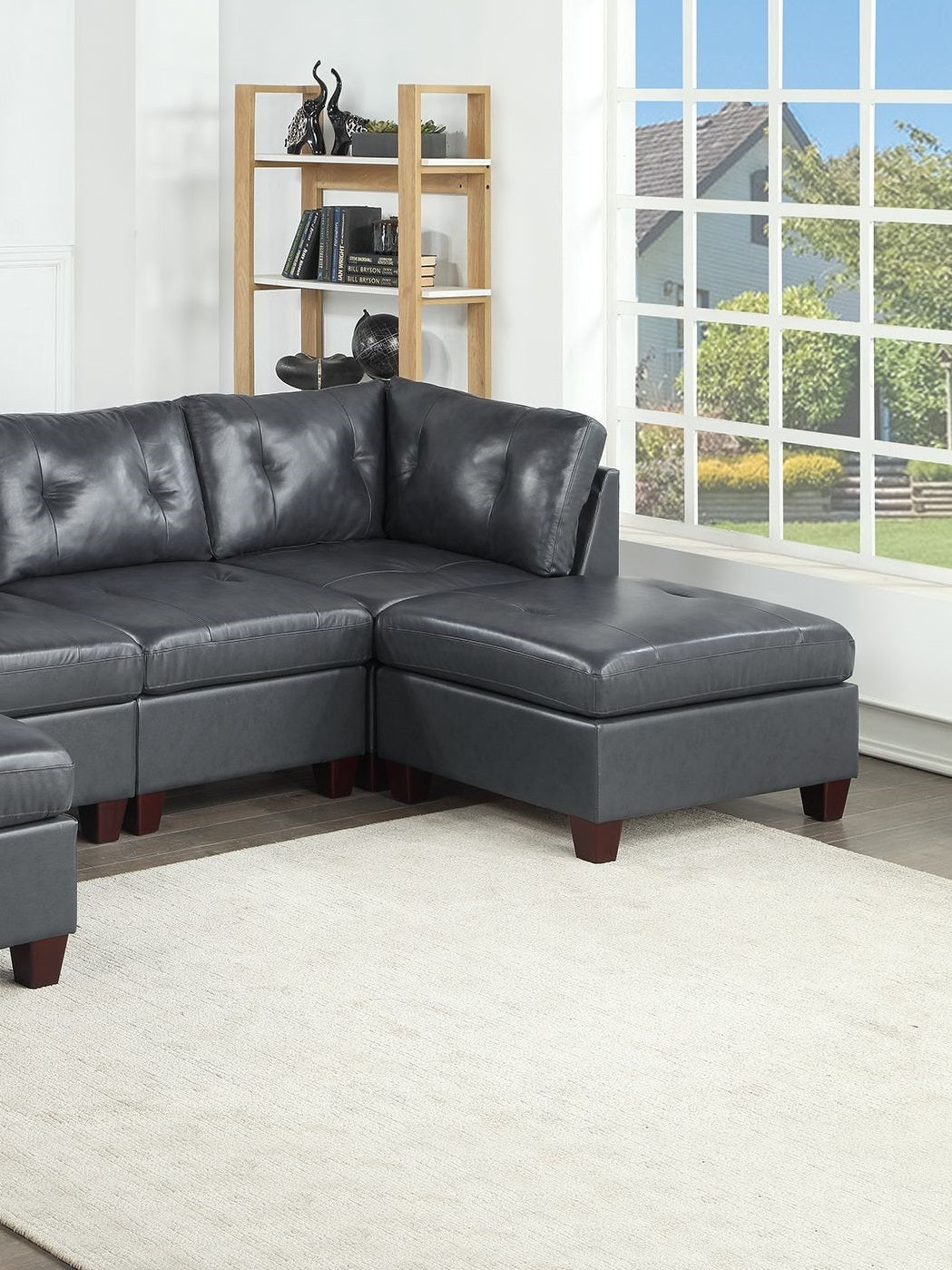 Nia Genuine Leather Tufted 6pc Sectional Set 2x Corner Wedge 2x Armless Chair 2x Ottomans - Black