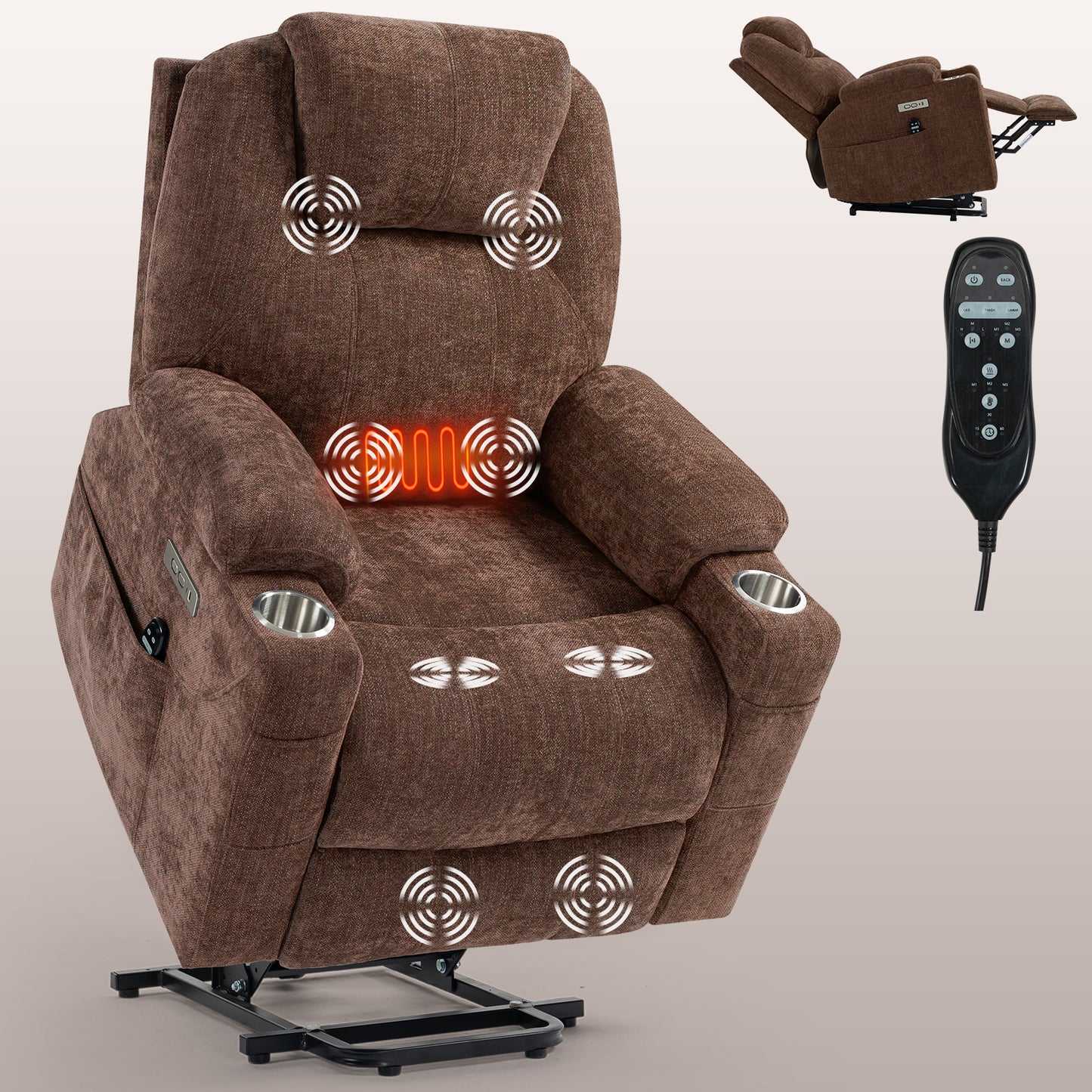 Okin Power Lift Chenille Recliner Chair with Massage & Heat - Brown