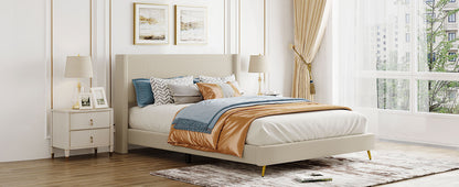 Queen Size Corduroy Platform Bed with Metal Legs - Beige