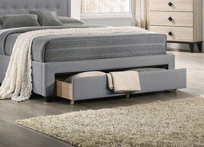 Imani Queen Size Bed w Drawer Button Tufted - Light Grey