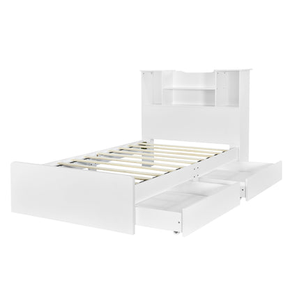 Taz Twin Size Platform Bed Frame with 4 Open Storage Shelves - White