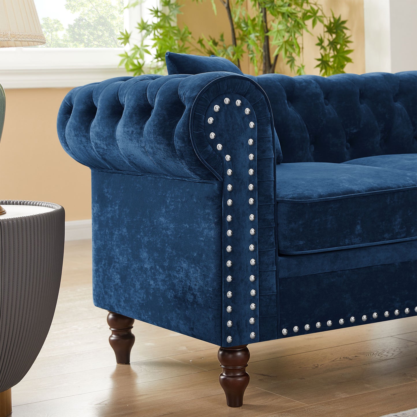 Nest Velvet Button Tufted L-shaped Sofa - Blue