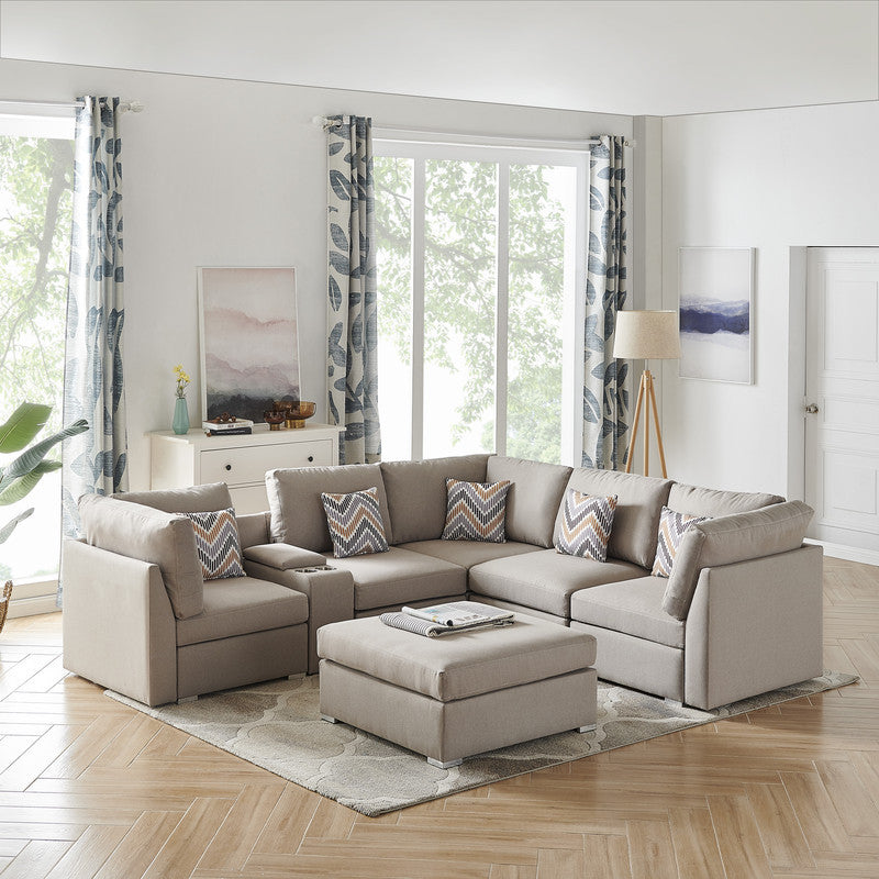 Amira Fabric Reversible Sectional Sofa with USB Console and Ottoman - Beige