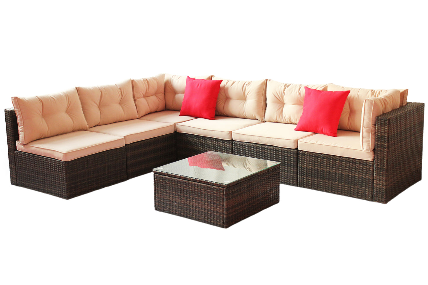 Charlton 7 Pc Outdoor Patio Rattan Sectional Sofa Set - Coffee