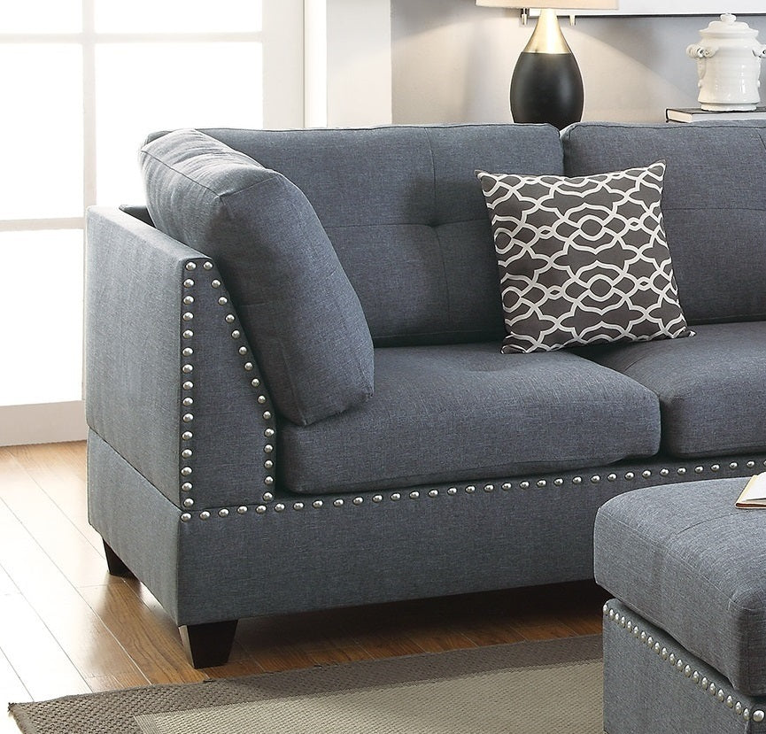 Surya 3pc  Sectional Sofa Polyfiber Cushion Sofa Chaise Ottoman Reversible Couch Pillows - Blue Grey