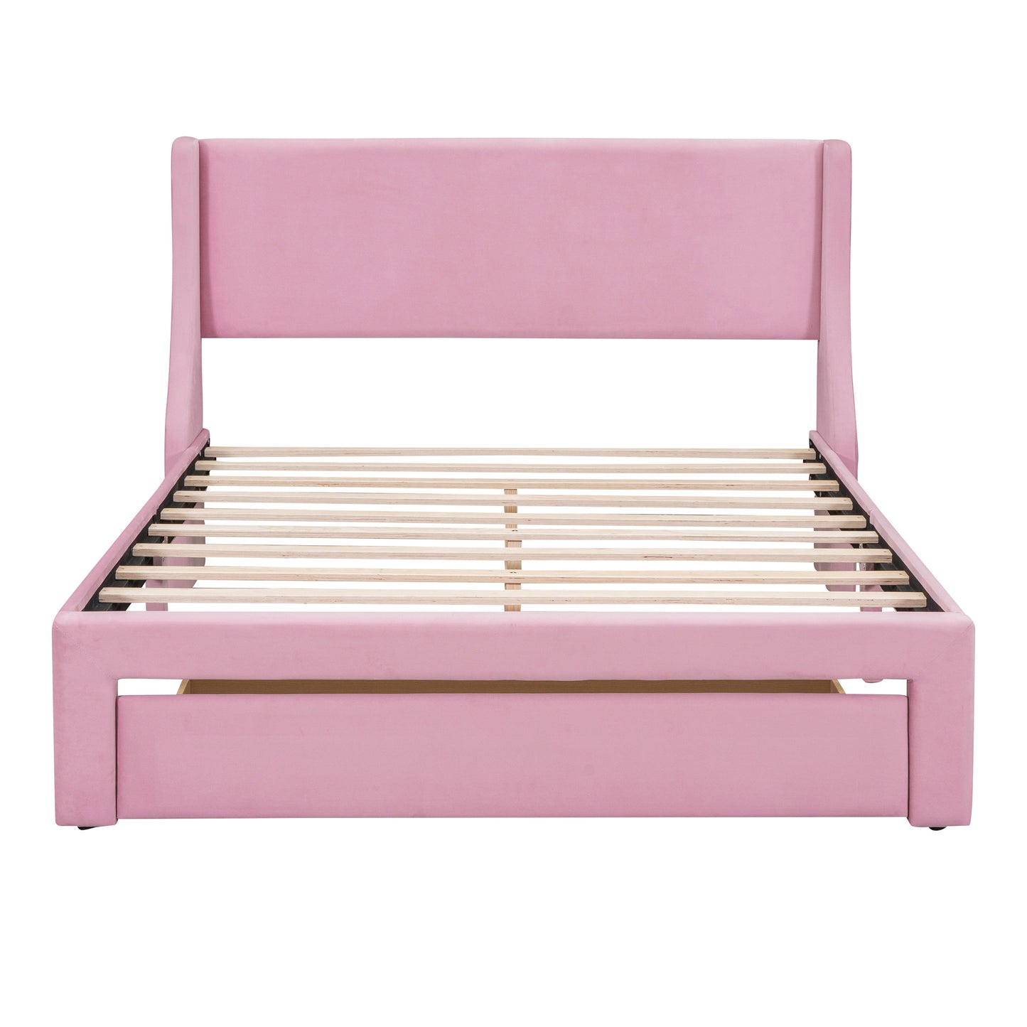 Renni Queen Size Velvet Platform Bed Frame with Drawer - Pink