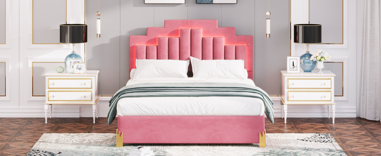 Neco Queen Size Platform Bed with LED and 4 Drawers - Pink