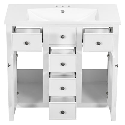 Bathroom Vanity with Ceramic Basin, Two Cabinets and Five Drawers - White