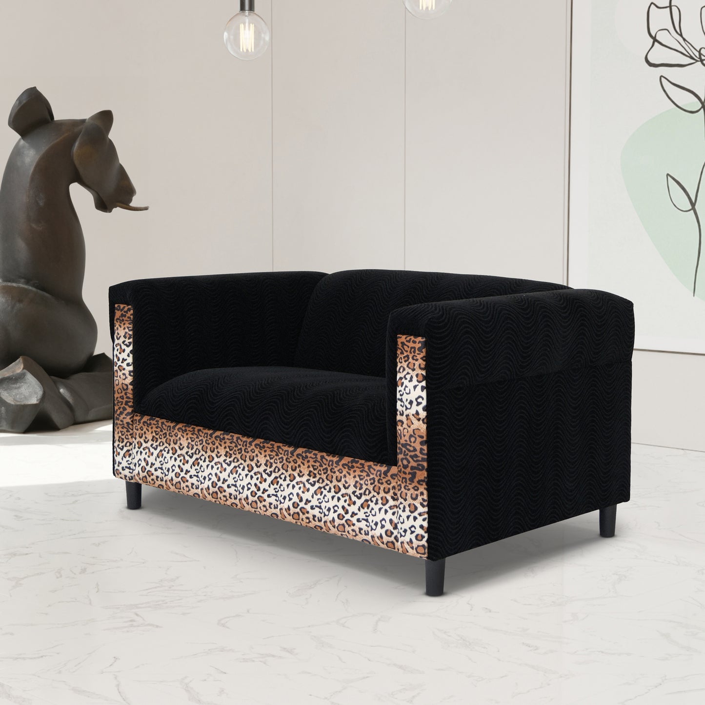 Myrtle Velvet Loveseat Sofa with Leopard Print - Black