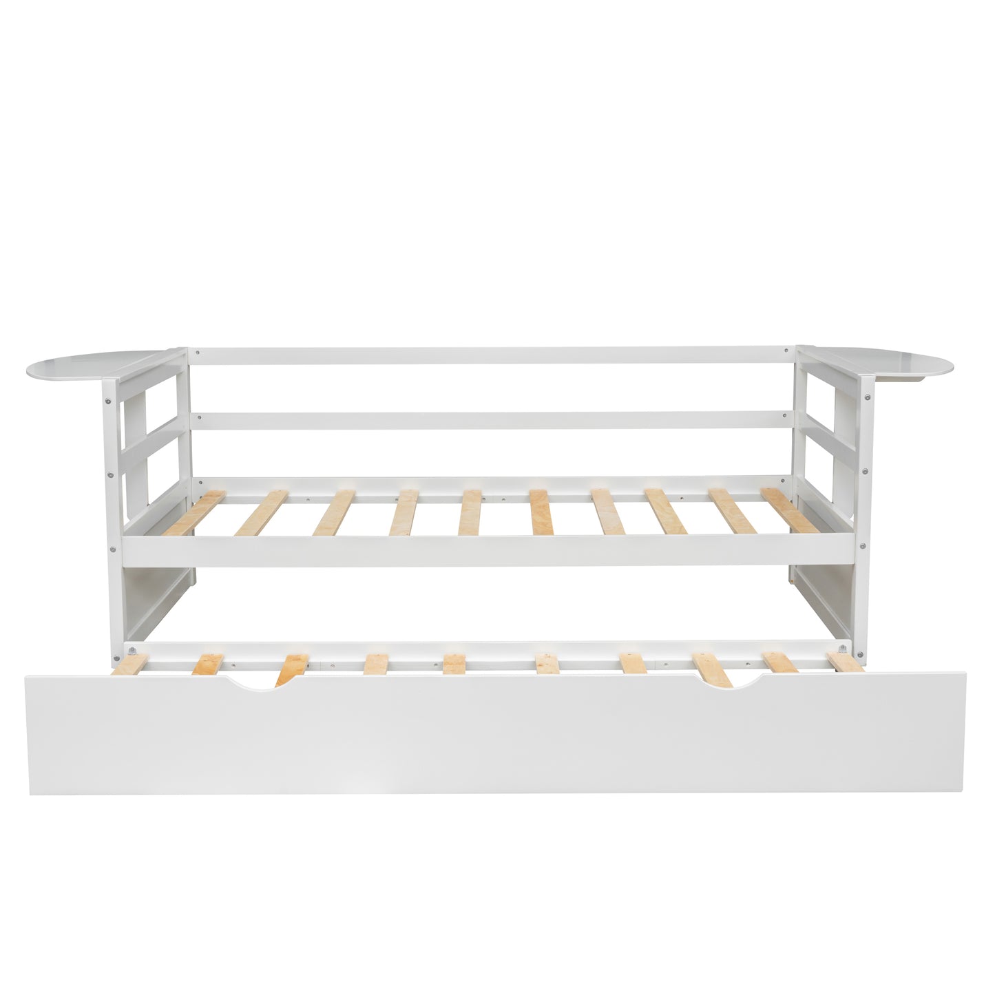 Tumo Twin Size Daybed with Trundle and Foldable Shelves - White