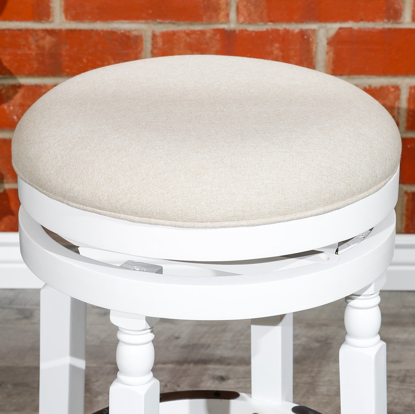 30" Bar Stool, White Finish, Beige Fabric Seat