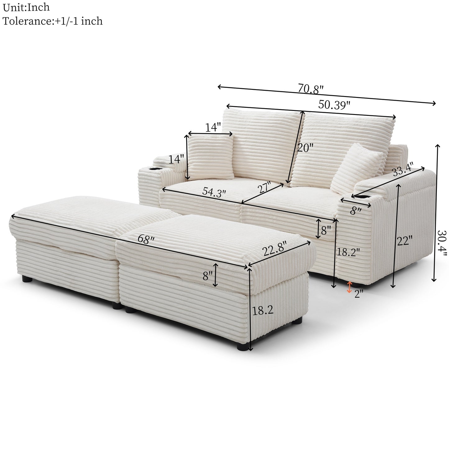 Brianna Loveseat with Ottomans - Beige