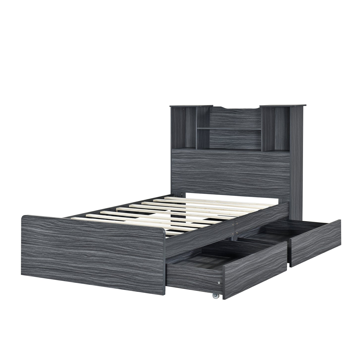 Taz Twin Size Platform Bed Frame with 4 Open Storage Shelves - Gray