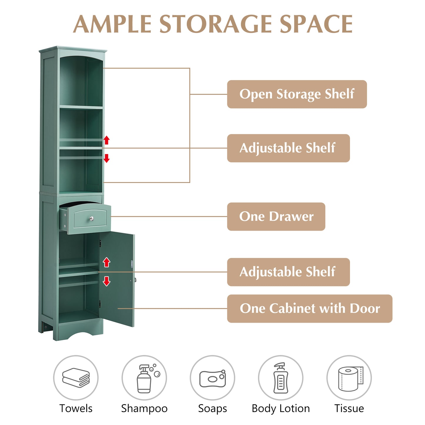 Tower Bathroom Cabinet with Drawer - Green