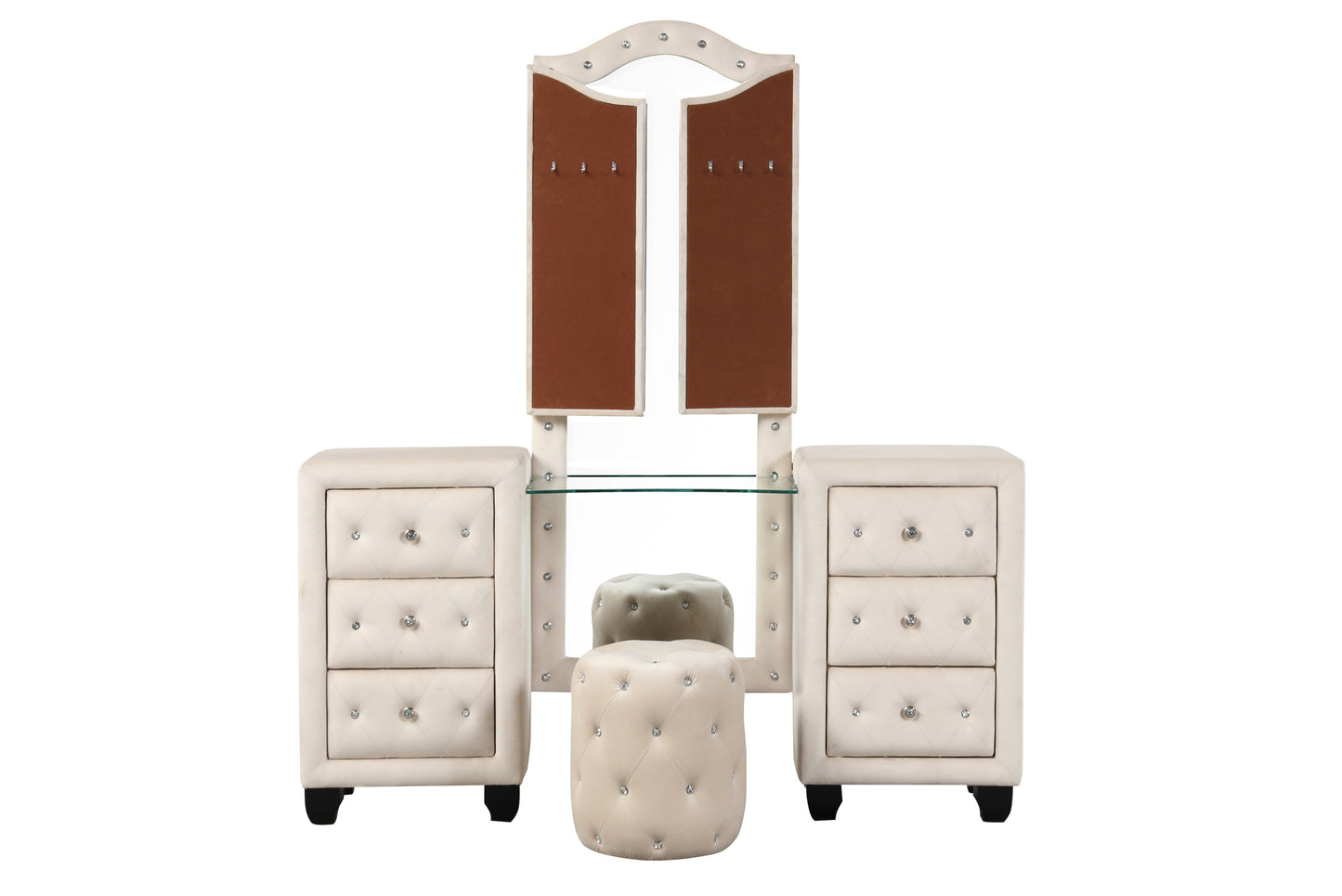 Selina Velvet 6-Drawer Makeup Vanity Set - Cream