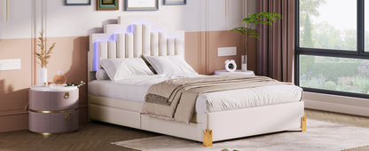 Neco Full Size Platform Bed with LED and 4 Drawers - Beige