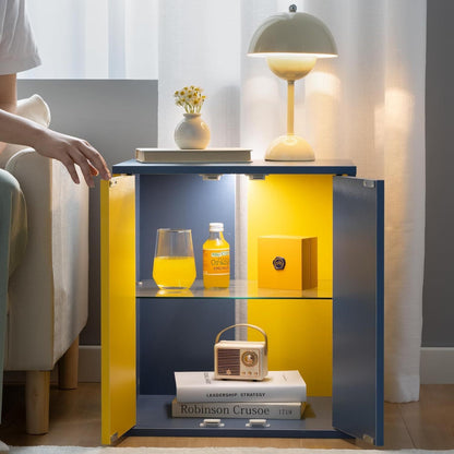 Quest LED  Nightstand with Glass Shelves -Blue+Yellow