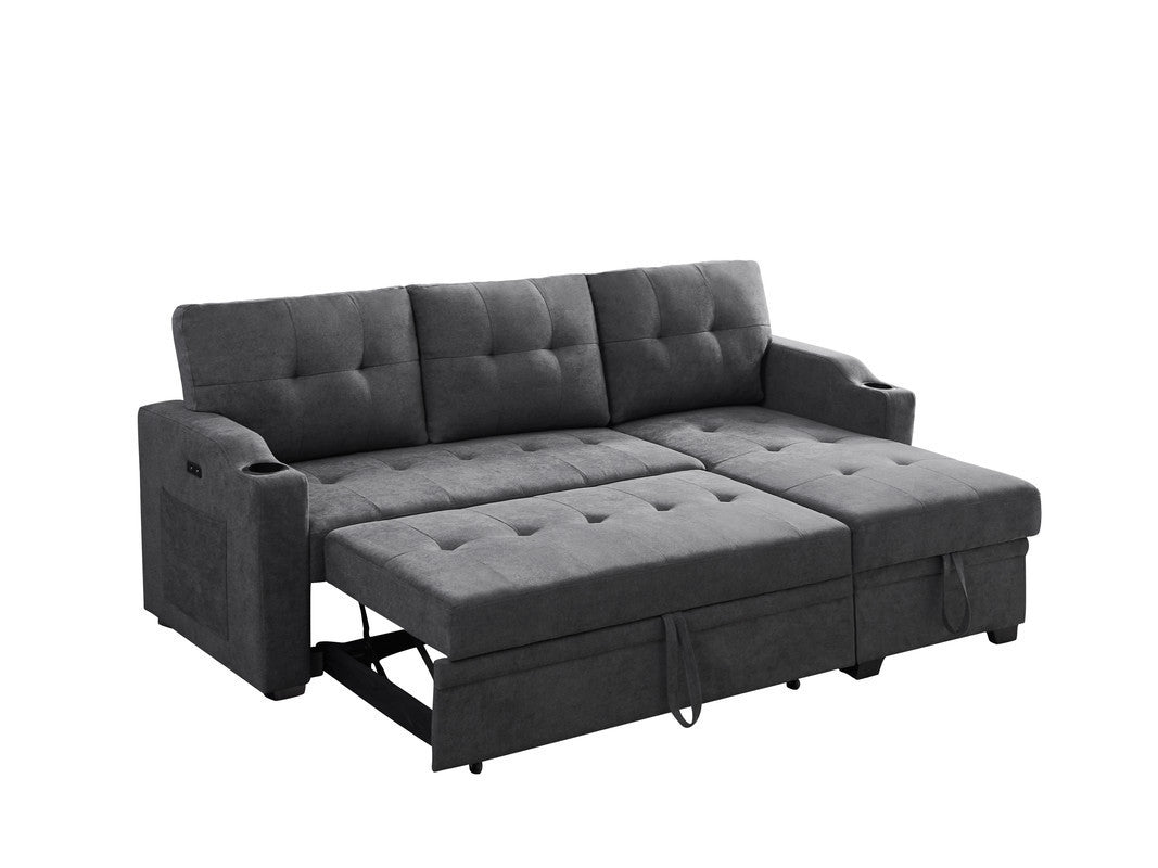 Mabel Woven Fabric Sleeper Sectional with cupholder, USB charging port and pocket - Dark Gray