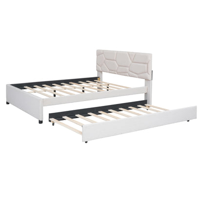 Brick Queen Size Upholstered Platform Bed with Twin Size Trundle - Beige