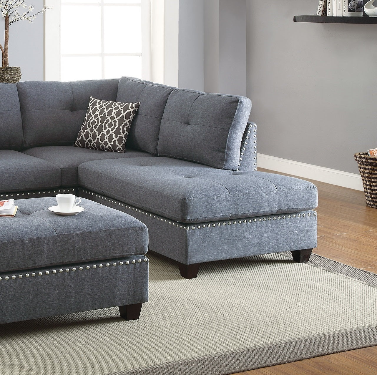 Surya 3pc  Sectional Sofa Polyfiber Cushion Sofa Chaise Ottoman Reversible Couch Pillows - Blue Grey