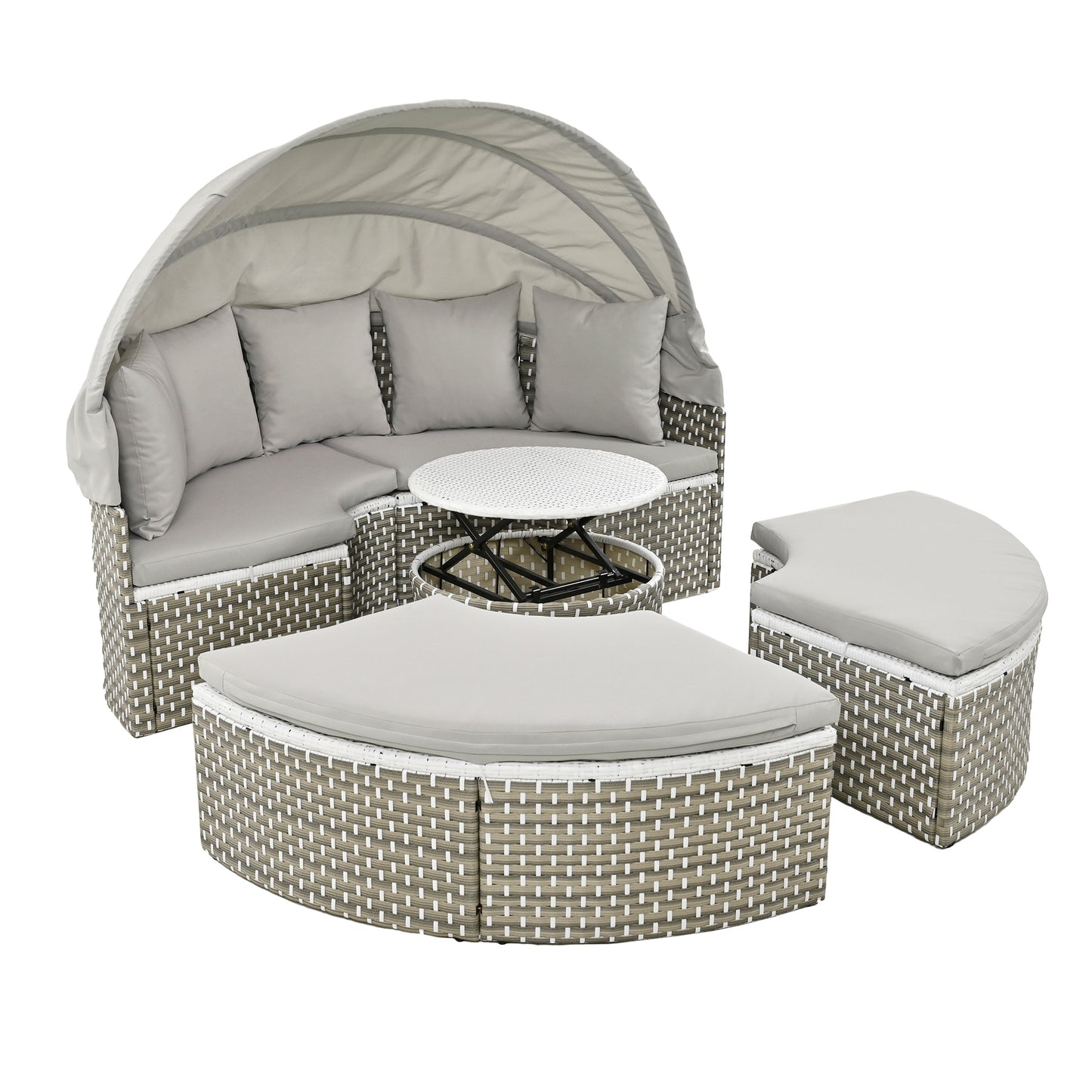 Malena 5 Pc Round Rattan Sectional Sofa Set with Retractable Canopy - Gray