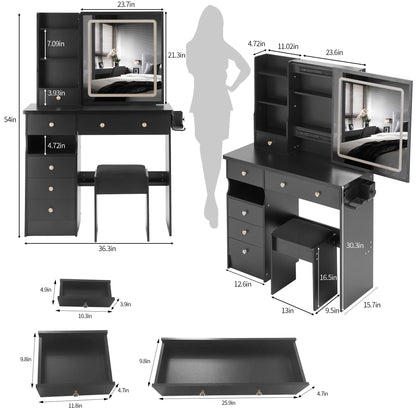 Yano Makeup Vanity Desk Set with LED Sliding Mirror - Black